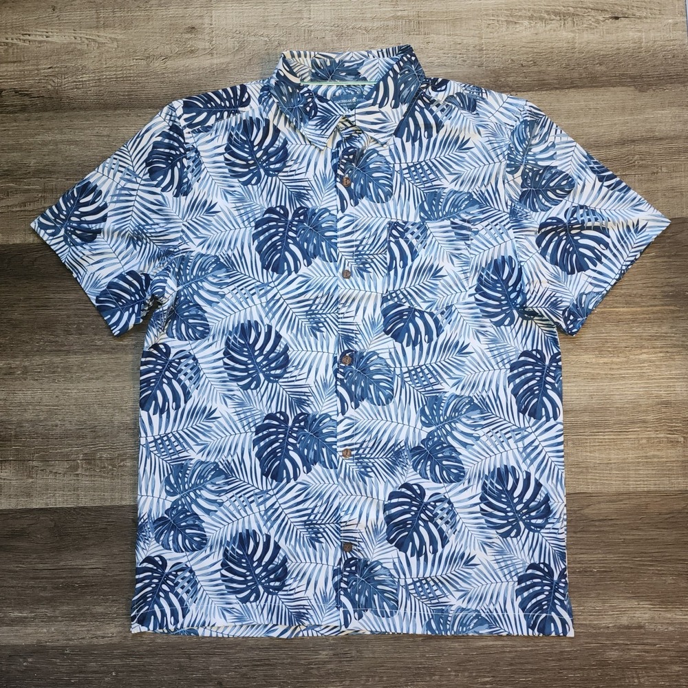 Caribbean Joe Mens Large Blue White Tropical Monstera Leaf Button Down Shirt L